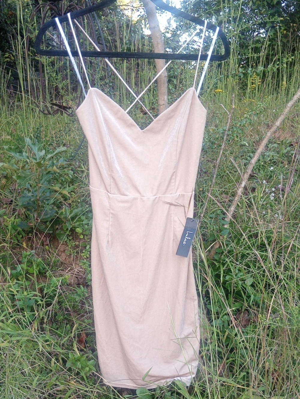 Lulu's Nude-Tone Strappy Mini Dress with Crisscross Back